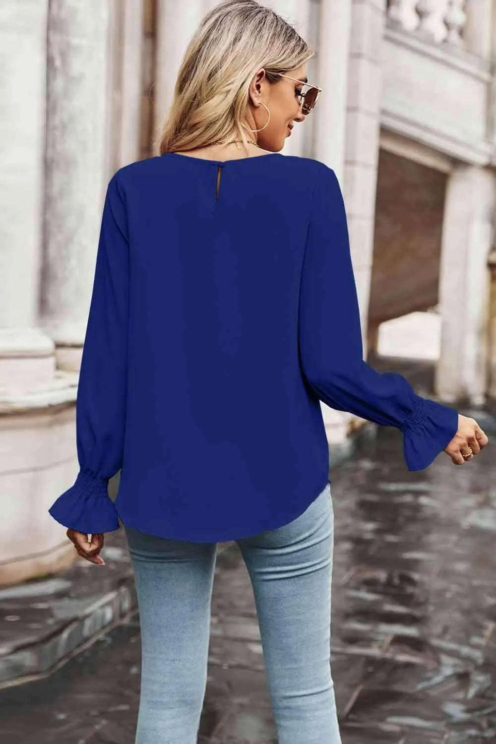 Round Neck Long Flounce Sleeve Blouse Blouses - Tophatter Daily Deals