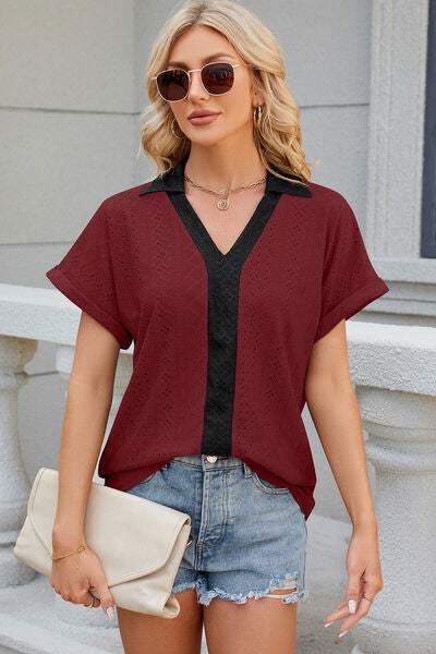 Eyelet Johnny Collar Short Sleeve T-Shirt Women's T-Shirts - Tophatter Daily Deals