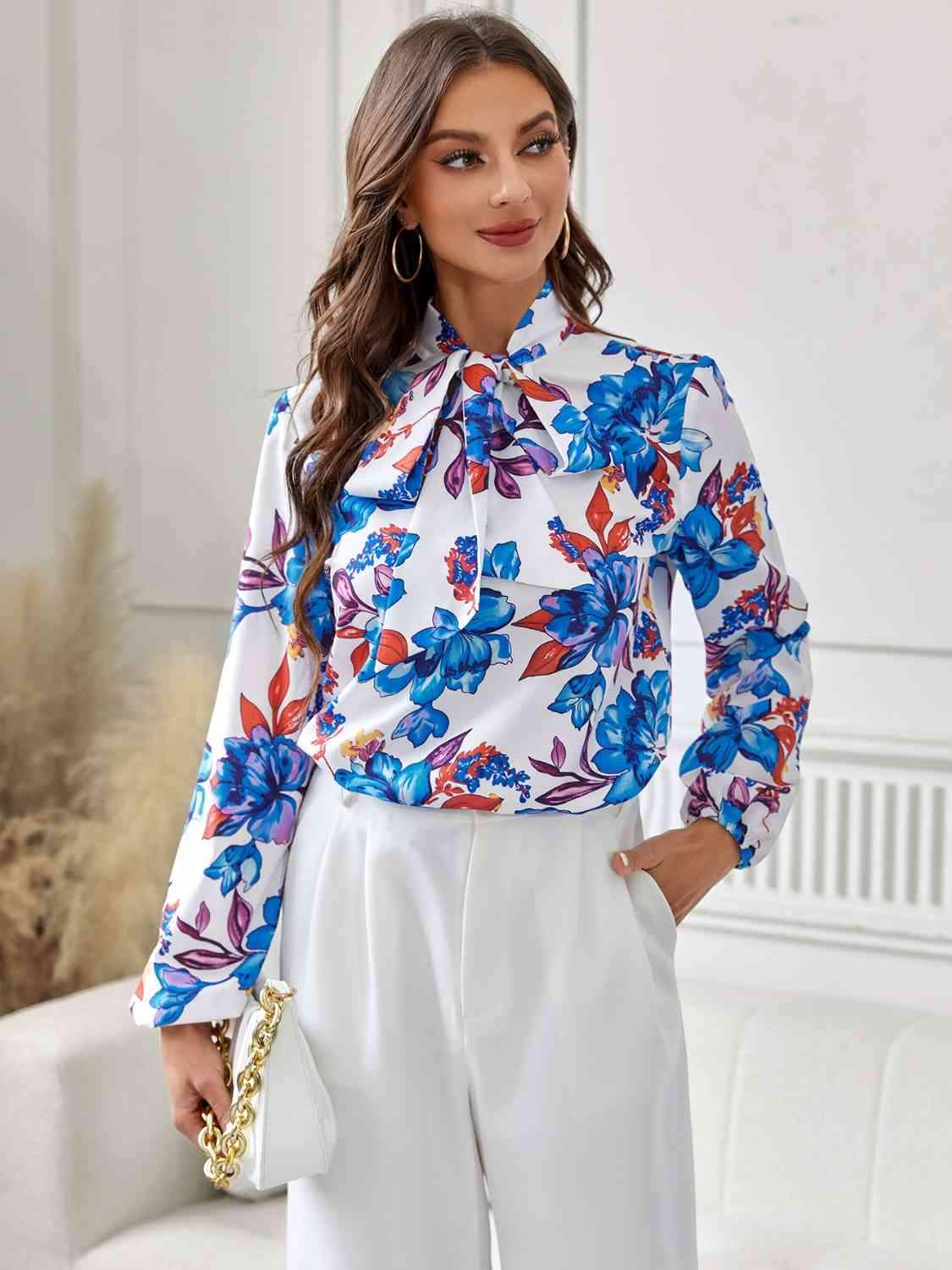 Floral Tie Neck Long Sleeve Blouse Sky Blue Blouses - Tophatter Daily Deals