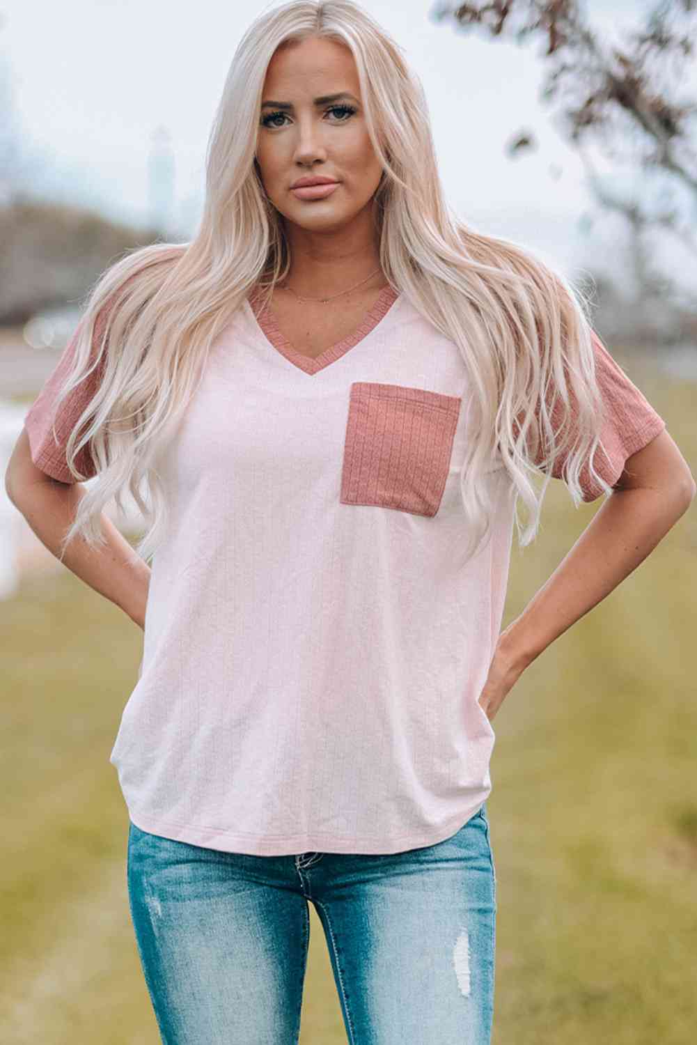 Two-Tone Raglan Sleeve V-Neck Tee Women's T-Shirts - Tophatter Daily Deals