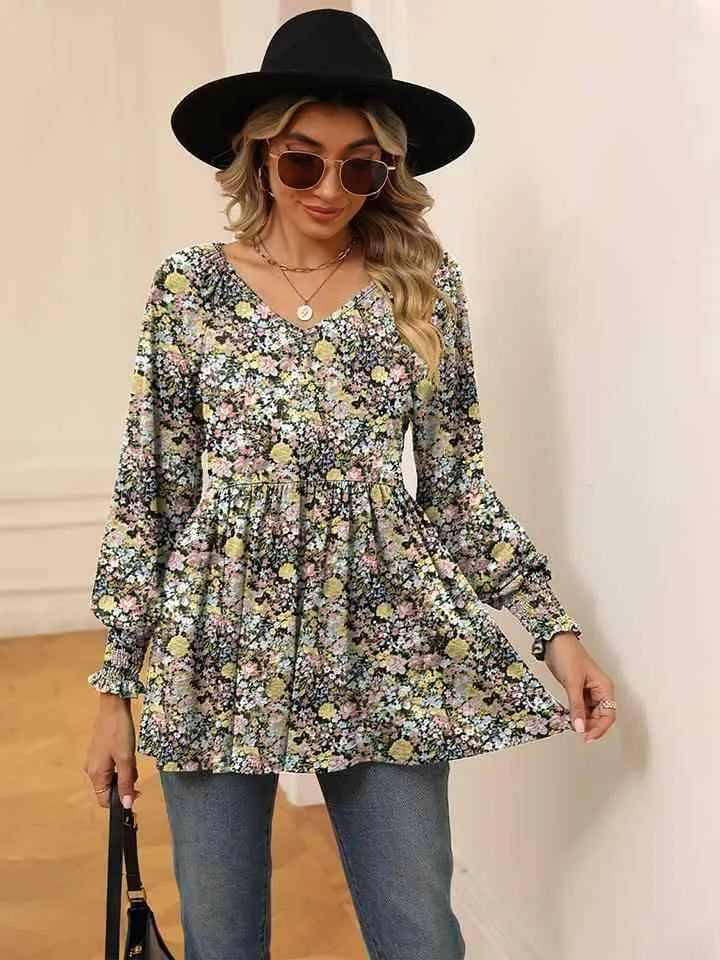 Printed V-Neck Lantern Sleeve Blouse Blouses - Tophatter Daily Deals