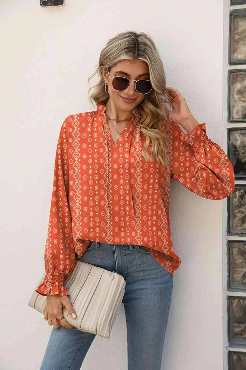 Printed Tie Neck Flounce Sleeve Blouse Red Orange Blouses - Tophatter Daily Deals