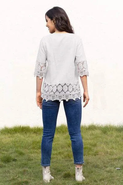Tie Neck Lace Detail Half Sleeve Blouse Blouses - Tophatter Daily Deals