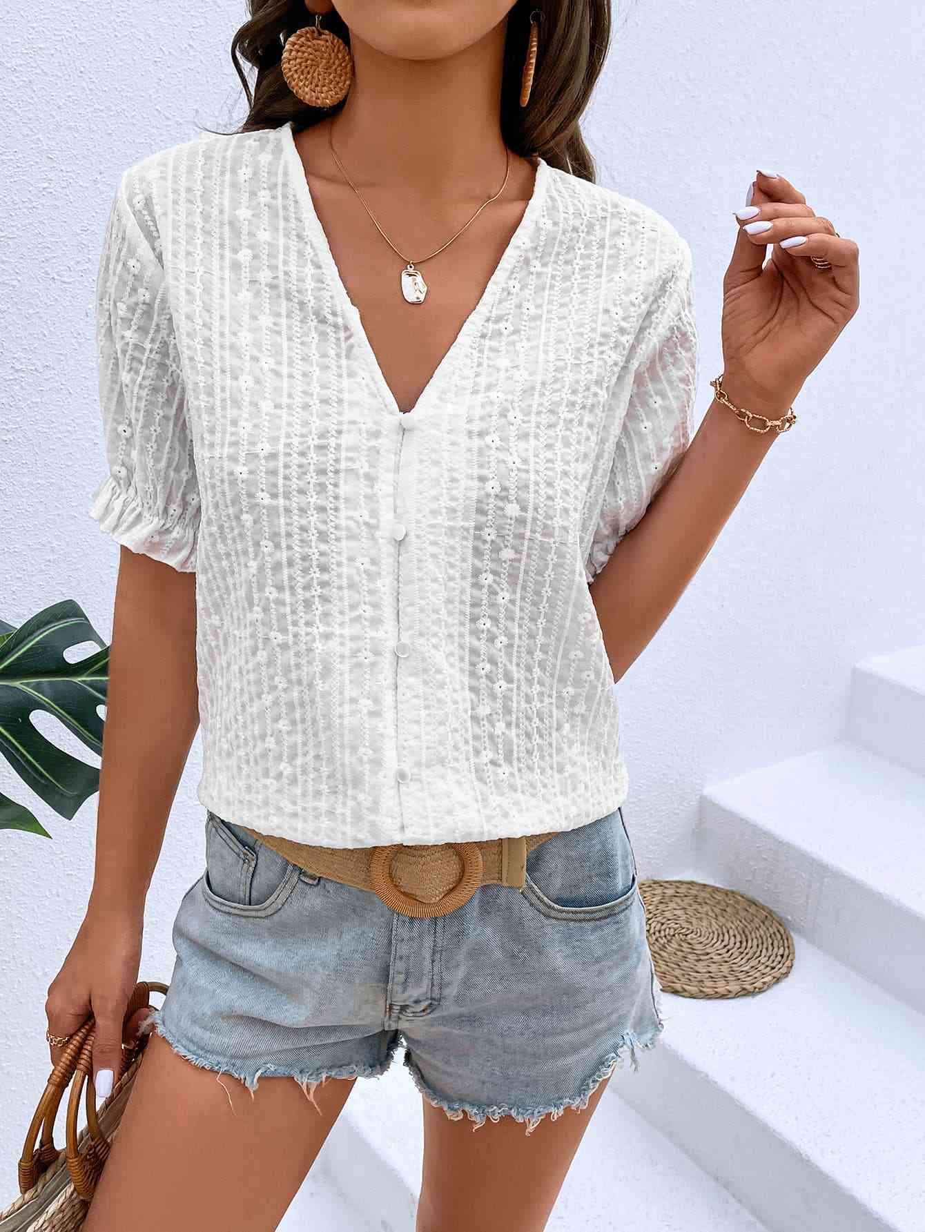 Buttoned V-Neck Flounce Sleeve Top Blouses - Tophatter Daily Deals