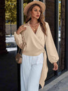 Surplice Neck Long Sleeve Blouse Sand Blouses - Tophatter Daily Deals