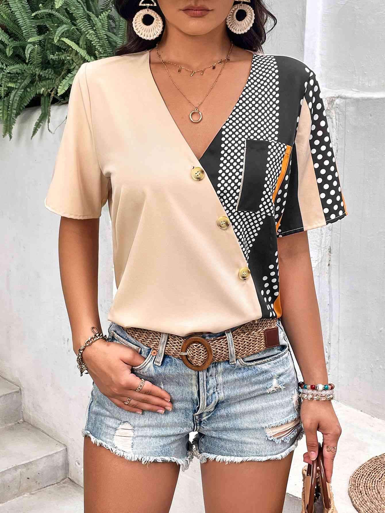 Plunge Flutter Sleeve Blouse with Pocket Blouses - Tophatter Daily Deals