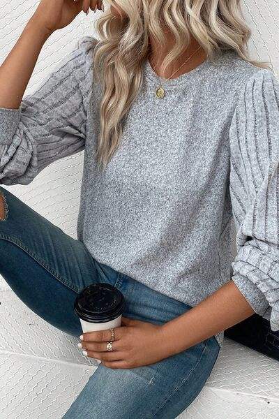 Ribbed Round Neck Long Sleeve Knit Top Blouses - Tophatter Daily Deals