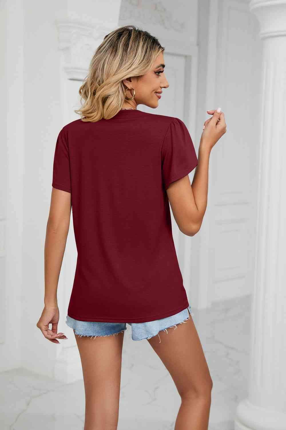 Contrast Trim Petal Sleeve V-Neck Top Blouses - Tophatter Daily Deals