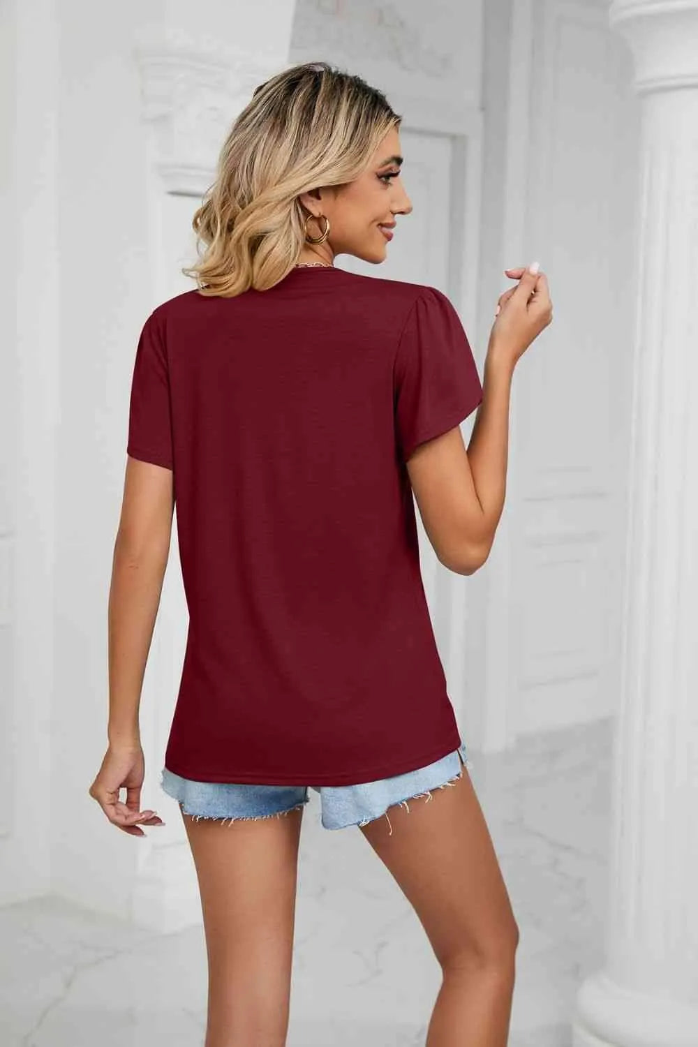 Contrast Trim Petal Sleeve V-Neck Top Blouses - Tophatter Daily Deals
