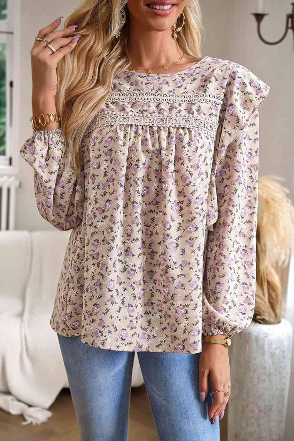 Printed Round Neck Long Sleeve Blouse Blouses - Tophatter Daily Deals