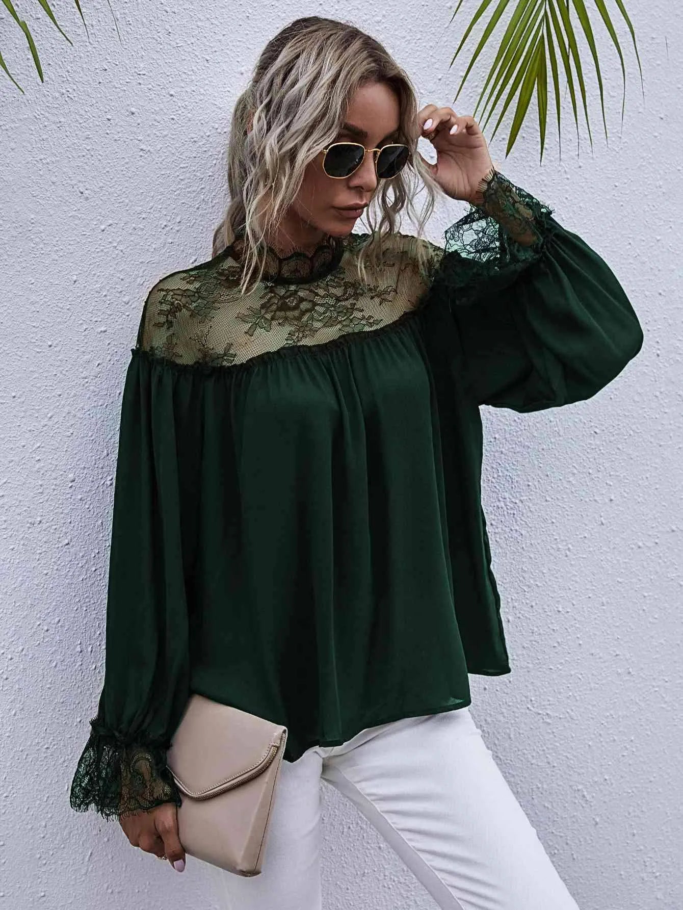 Semi-Sheer Lace Trim Mock Neck Blouse Blouses - Tophatter Daily Deals