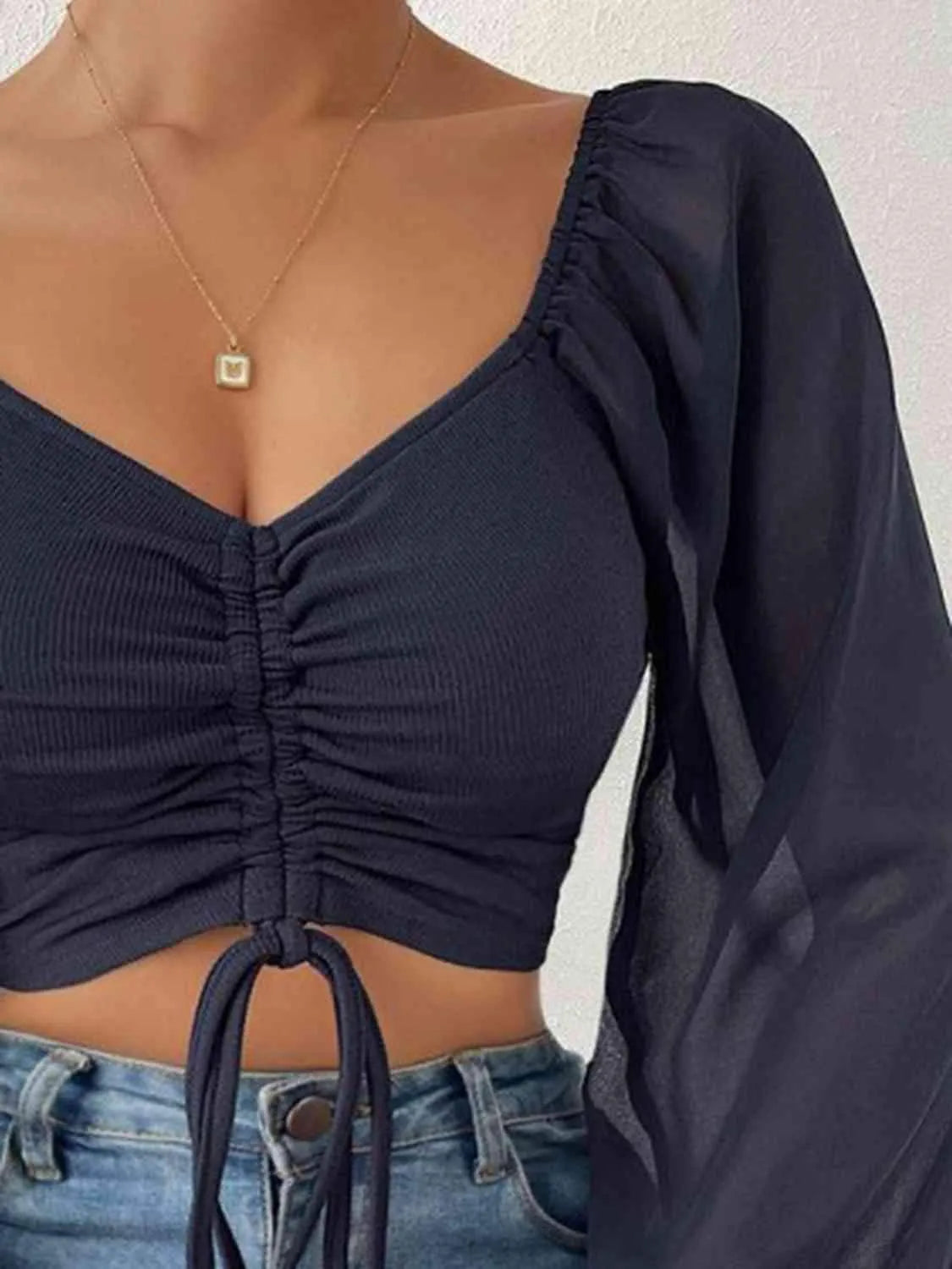 Drawstring Sweetheart Neck Cropped Top Blouses - Tophatter Daily Deals