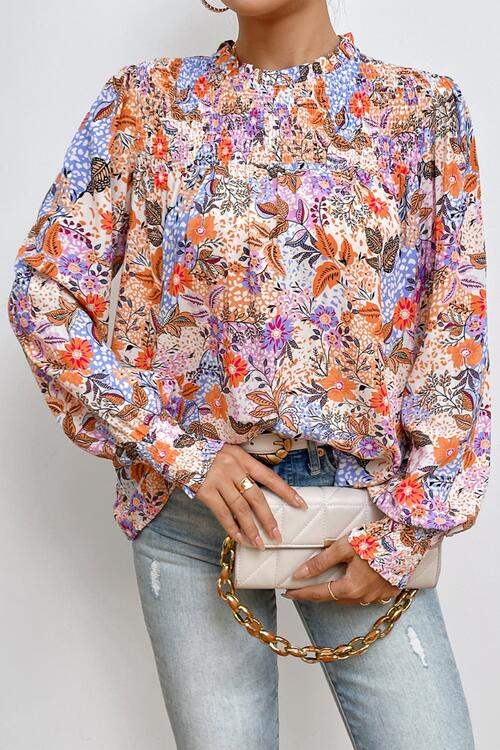 Multicolour Floral Print Sleeve Frilled Round Neck Blouse Blouses - Tophatter Daily Deals