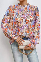 Multicolour Floral Print Sleeve Frilled Round Neck Blouse Blouses - Tophatter Daily Deals