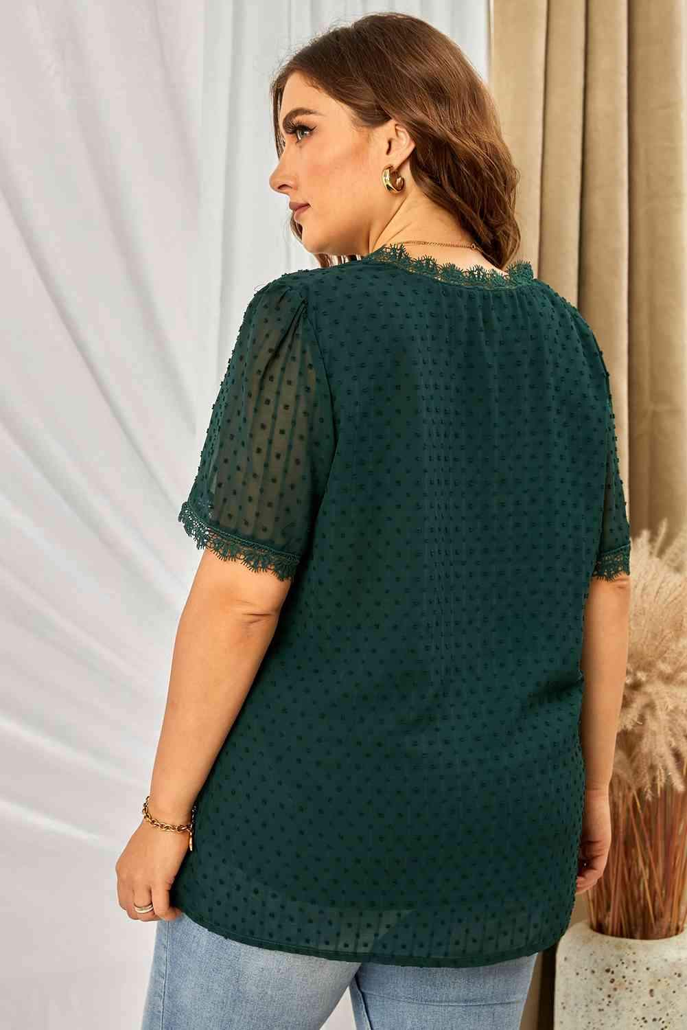 Plus Size Swiss Dot Spliced Lace V-Neck Blouse Blouses - Tophatter Daily Deals