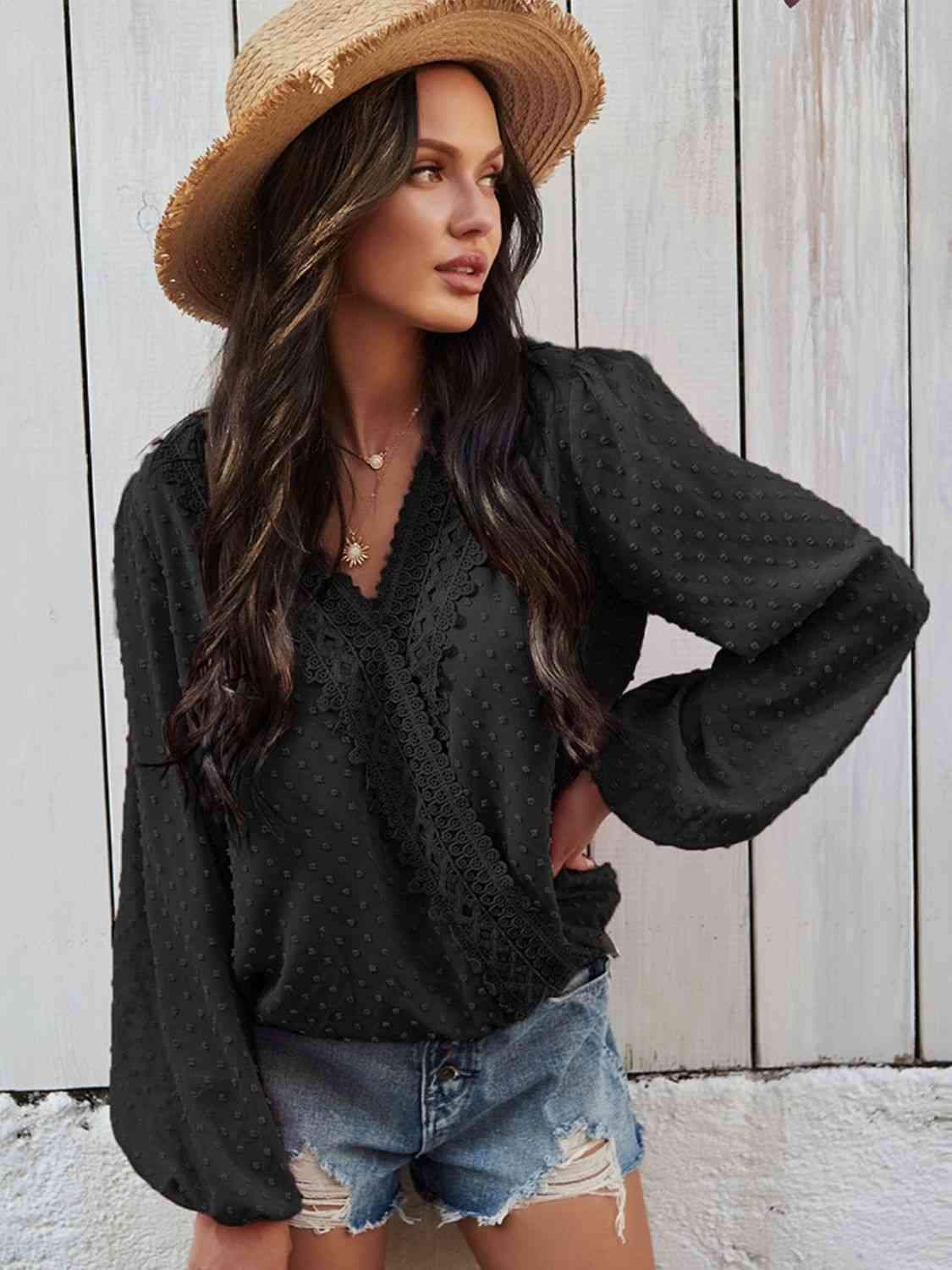 Swiss Dot Balloon Sleeve Blouse Black Blouses - Tophatter Daily Deals