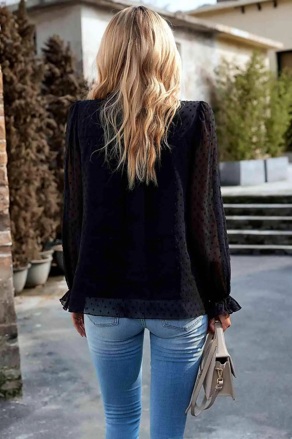 Swiss Dot Smocked Shoulder Blouse Blouses - Tophatter Daily Deals