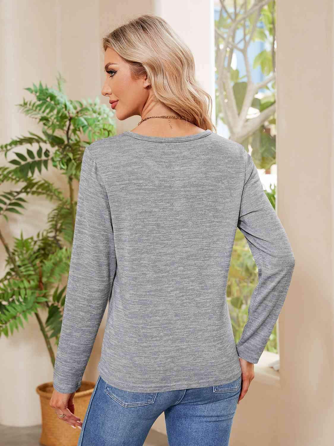 Buttoned Round Neck Long Sleeve T-Shirt Women's T-Shirts - Tophatter Daily Deals