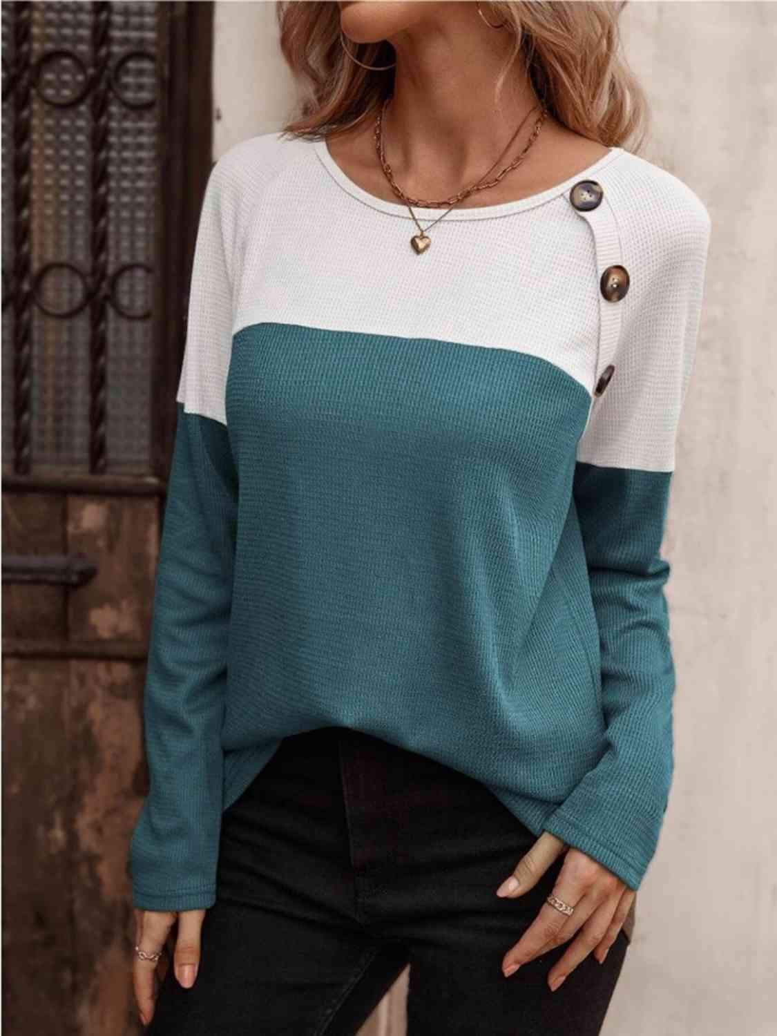 Contrast Round Neck Long Sleeve T-Shirt Women's T-Shirts - Tophatter Daily Deals