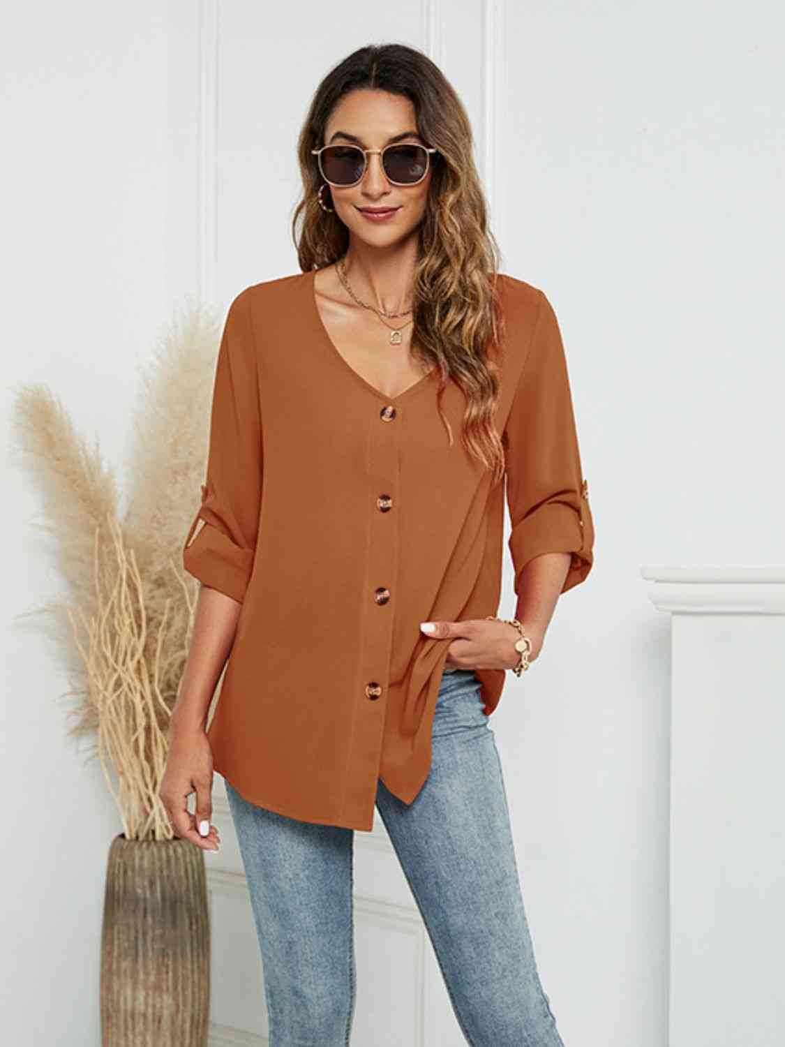 Roll-Tap Long Sleeve V-Neck Buttoned Blouse - Tophatter Deals