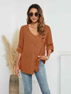 Roll-Tap Long Sleeve V-Neck Buttoned Blouse - Tophatter Deals