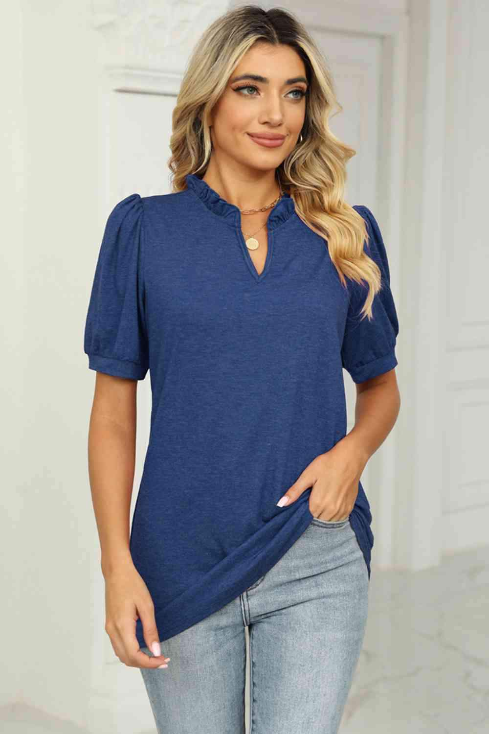 Notched Neck Puff Sleeve T-Shirt Royal Blue Women's T-Shirts - Tophatter Daily Deals