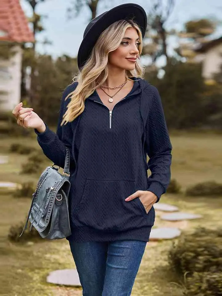 Cable-Knit Zip-Up Hooded Blouse Blouses - Tophatter Daily Deals