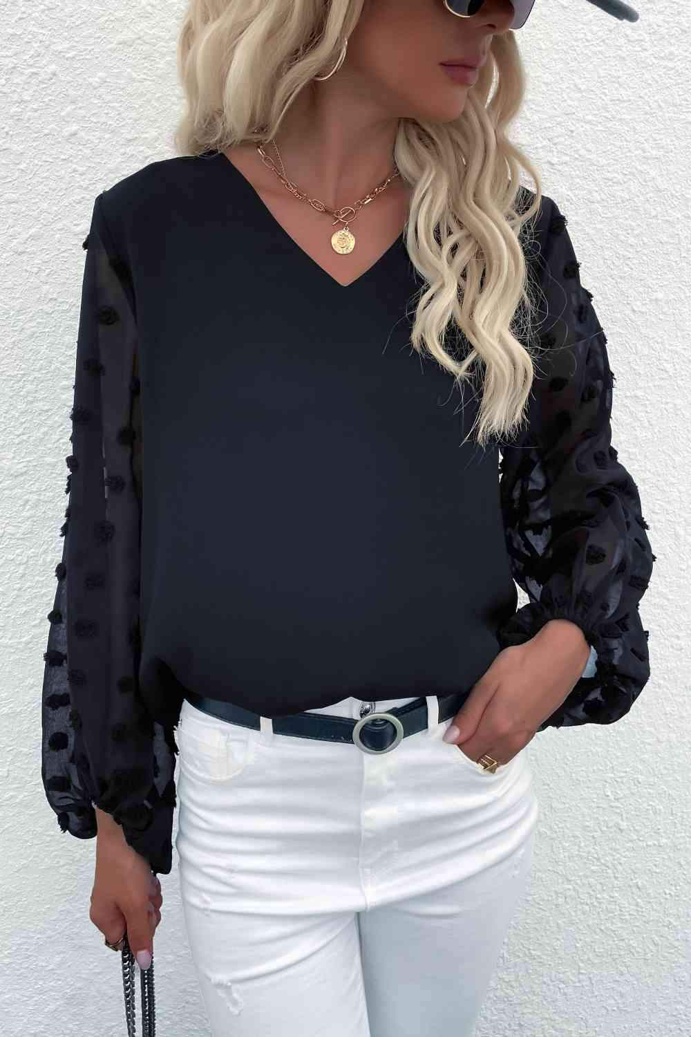 Swiss Dot Sleeve V-Neck Top Navy Blouses - Tophatter Daily Deals