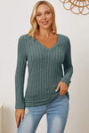 Basic Bae Full Size Ribbed V-Neck Long Sleeve T-Shirt Teal Women's T-Shirts - Tophatter Daily Deals