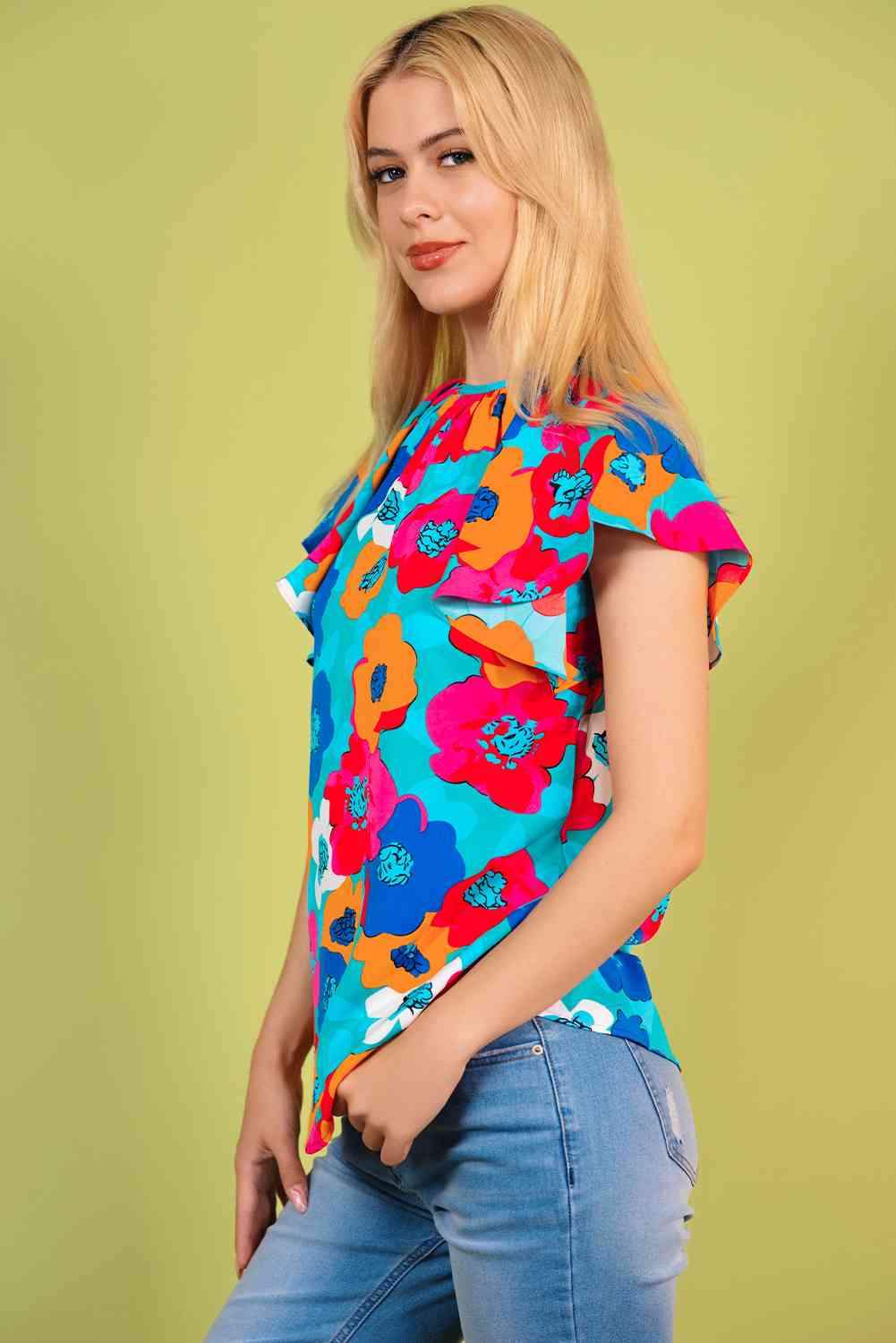 Floral Round Neck Tied Blouse Blouses - Tophatter Daily Deals