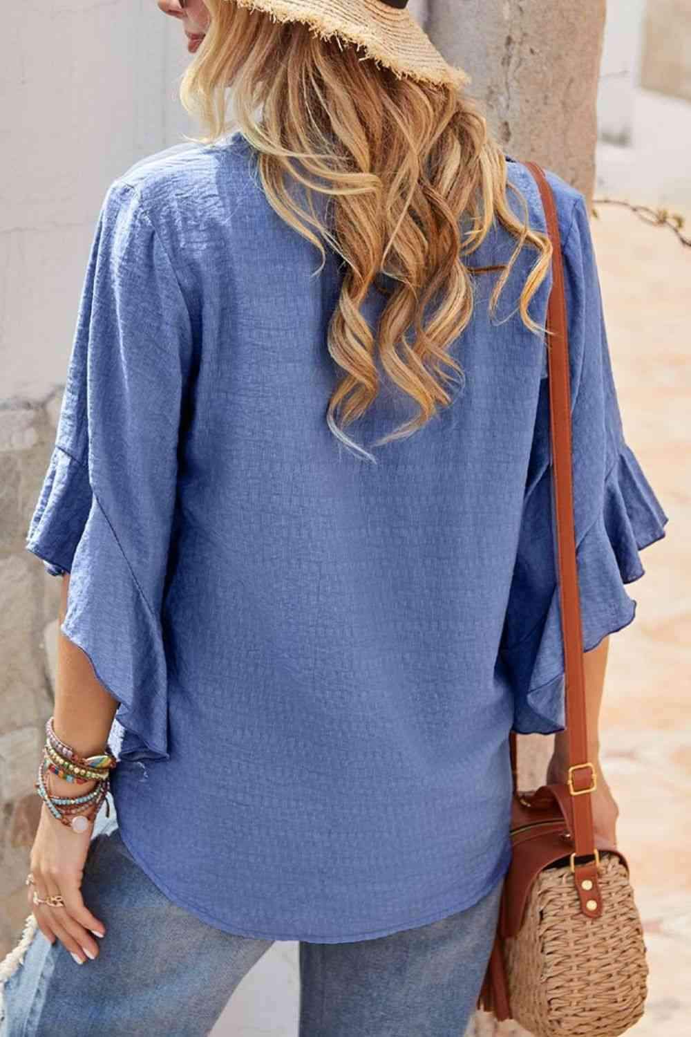 Notched Neck Flounce Sleeve Blouse Blouses - Tophatter Daily Deals