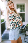 Printed Notched Neck Long Sleeve Top Blouses - Tophatter Daily Deals