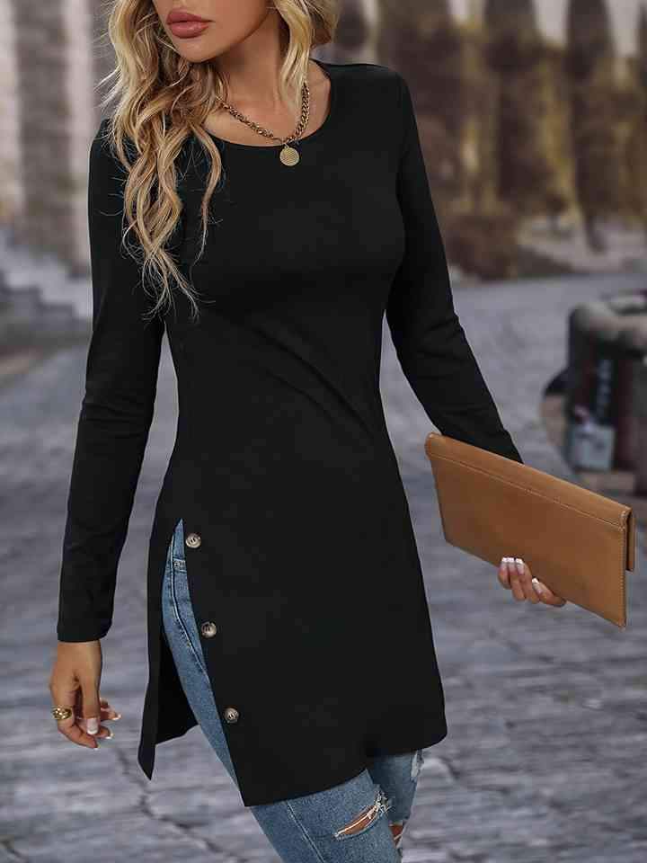 Decorative Button Slit Long Sleeve T-Shirt Women's T-Shirts - Tophatter Daily Deals