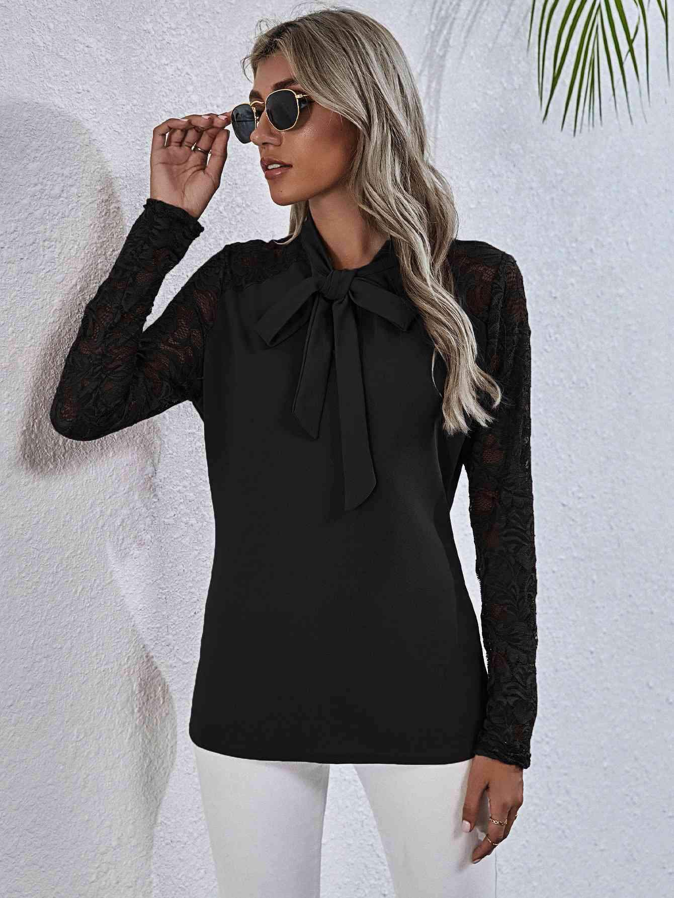 Tie Neck Spliced Lace Long Sleeve Top Blouses - Tophatter Daily Deals