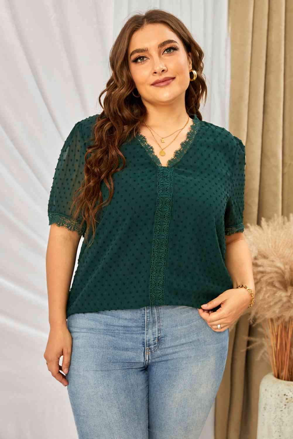 Plus Size Swiss Dot Spliced Lace V-Neck Blouse Blouses - Tophatter Daily Deals