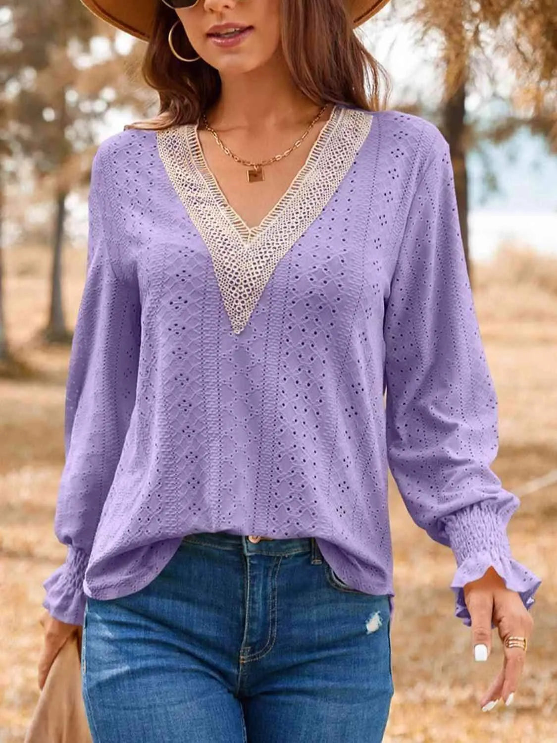 Eyelet V-Neck Flounce Sleeve Top Blouses - Tophatter Daily Deals