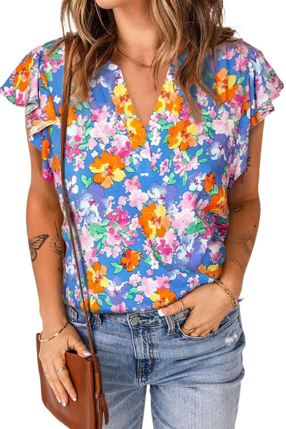 Floral Notched Neck Flutter Sleeve Blouse Blouses - Tophatter Daily Deals