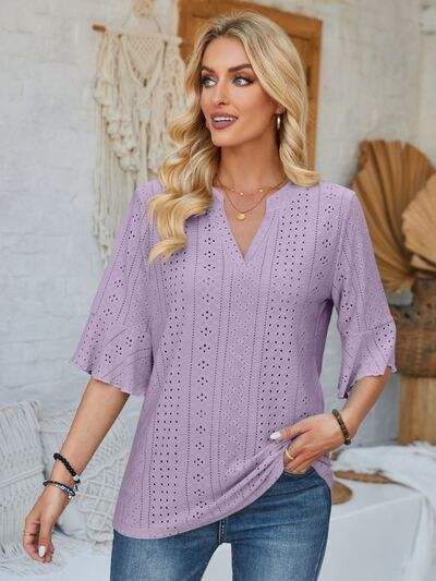 Eyelet Notched Half Sleeve T-Shirt Lavender Women's T-Shirts - Tophatter Daily Deals