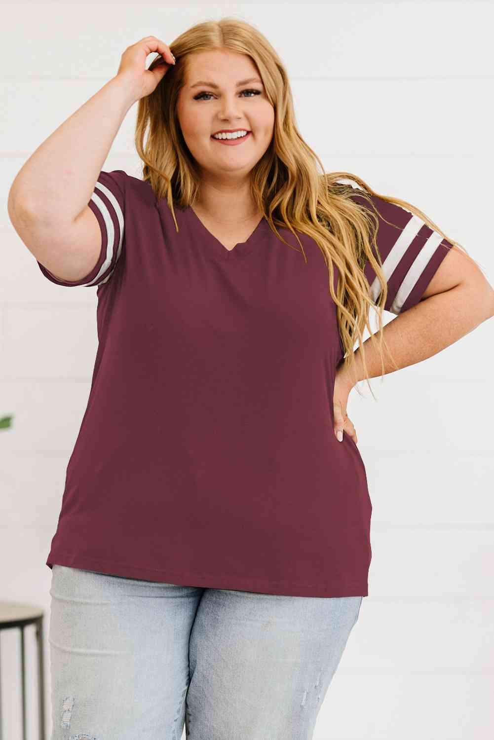 Plus Size Striped V-Neck Tee Shirt Wine Women's T-Shirts - Tophatter Daily Deals