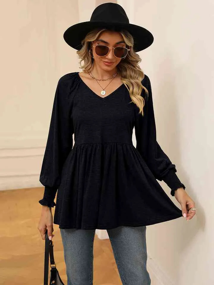 V-Neck Lantern Sleeve Blouse Blouses - Tophatter Daily Deals