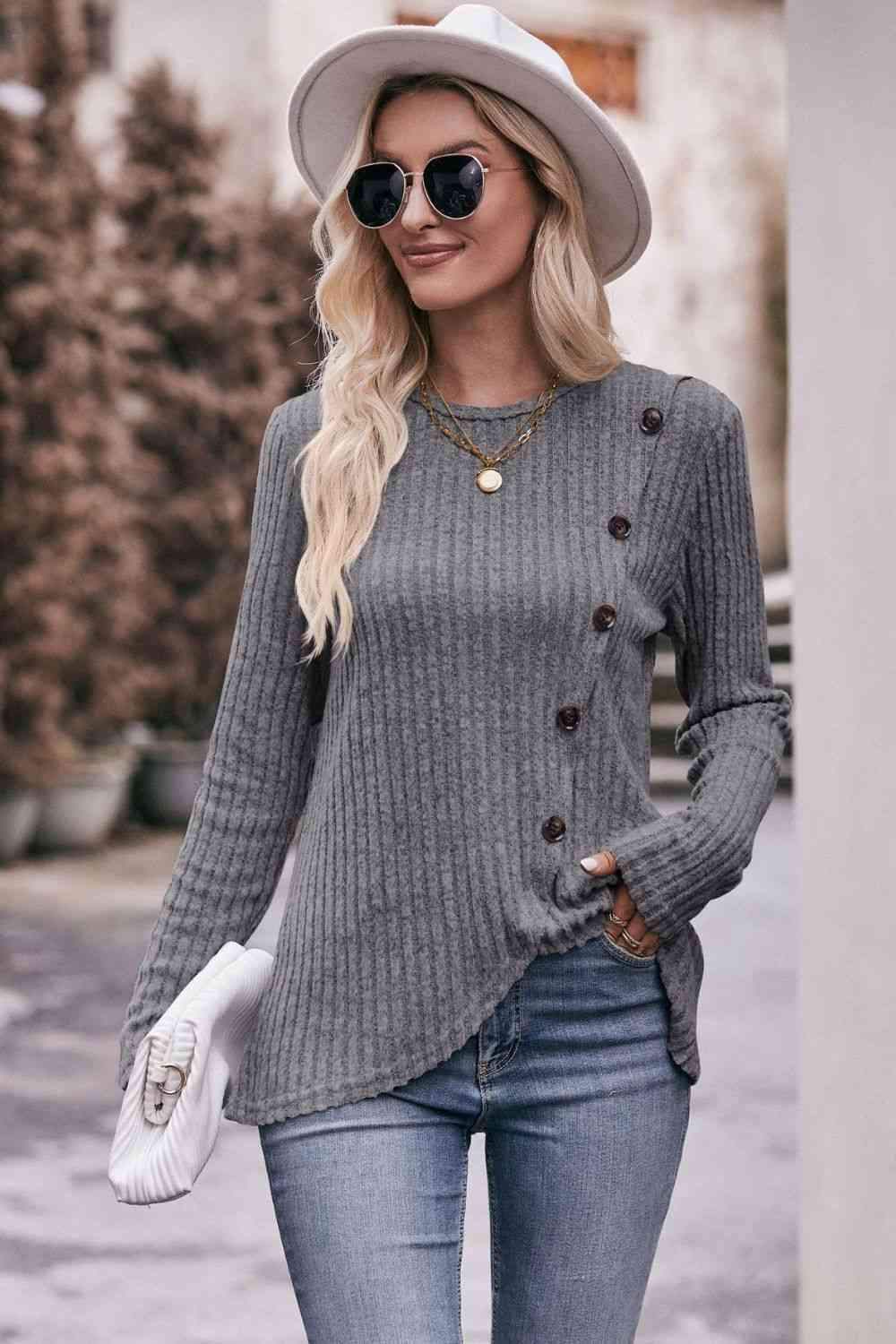 Double Take Ribbed Round Neck Buttoned Long Sleeve Tee Heather Gray Women's T-Shirts - Tophatter Daily Deals