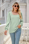 Waffle-Knit Puff Sleeve Square Neck Top Mint Blouses - Tophatter Daily Deals