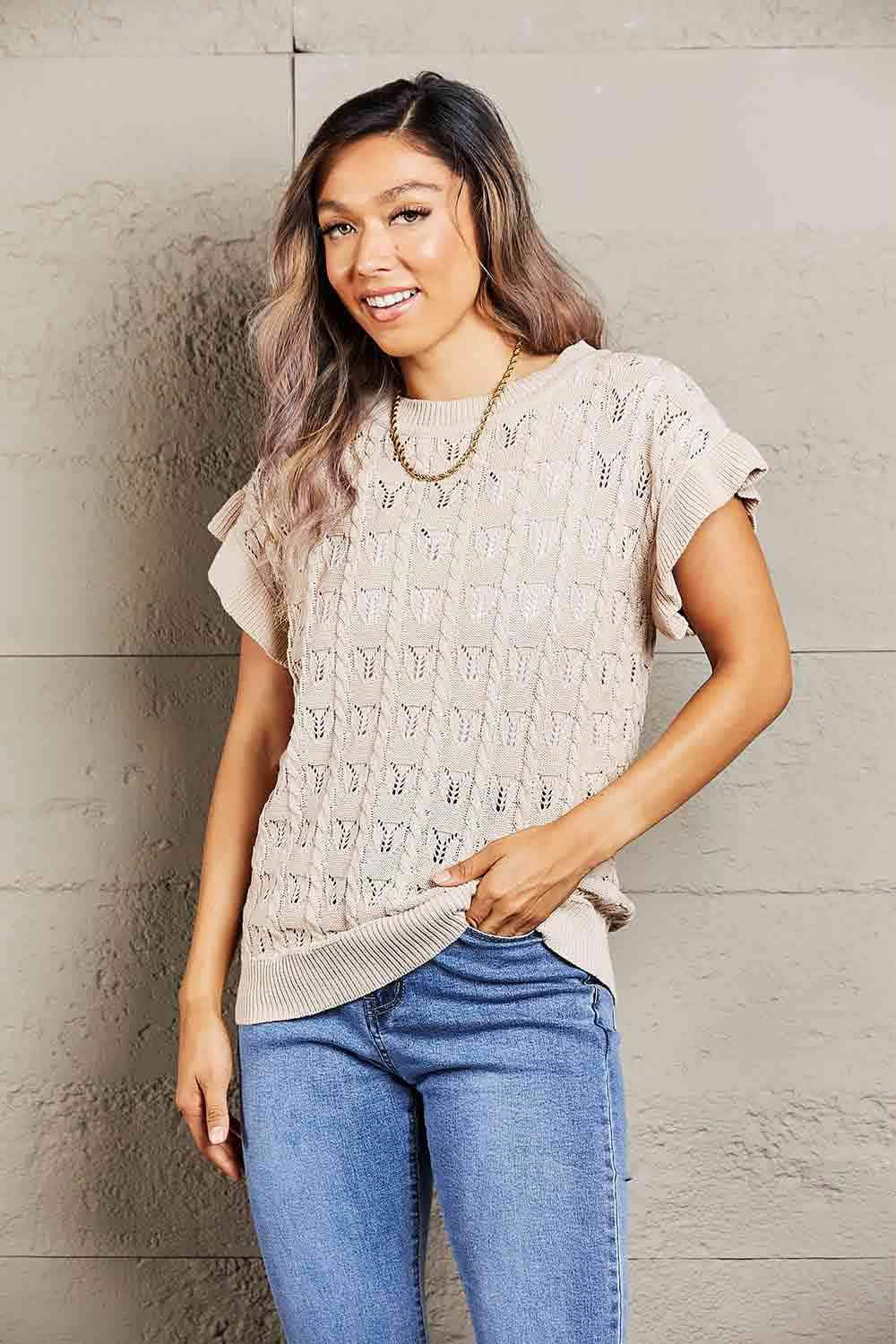 Double Take Round Neck Short Sleeve Cable-Knit Top Beige Blouses - Tophatter Daily Deals