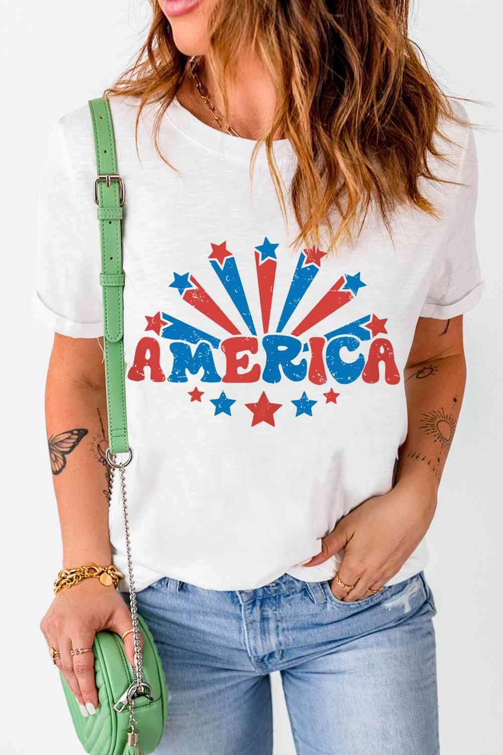 AMERICA Star Graphic Round Neck Tee White Women's T-Shirts - Tophatter Daily Deals