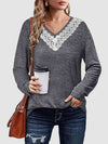 Lace Detail V-Neck Long Sleeve Top Women's T-Shirts - Tophatter Daily Deals