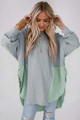 Contrast Texture Round Neck Long Sleeve Blouse Blouses - Tophatter Daily Deals
