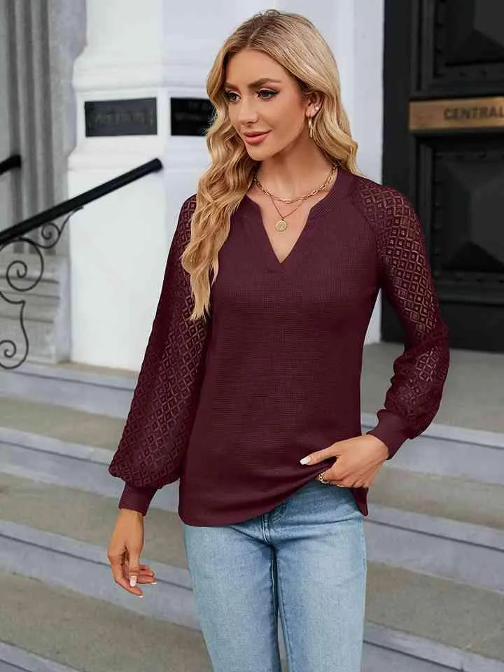 Notched Neck Raglan Sleeve Blouse Blouses - Tophatter Daily Deals
