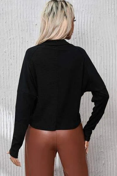 Ribbed Knit Henry Collar Loose Fitting Long Sleeve Top Blouses - Tophatter Daily Deals