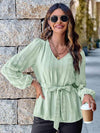 V-Neck Tie Waist Long Sleeve Blouse Gum Leaf Blouses - Tophatter Daily Deals