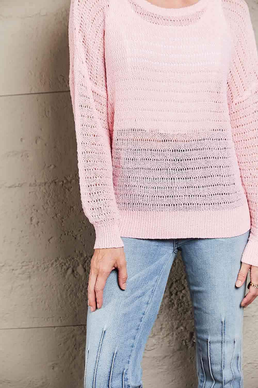 Double Take Openwork Round Neck Dropped Shoulder Knit Top Blouses - Tophatter Daily Deals